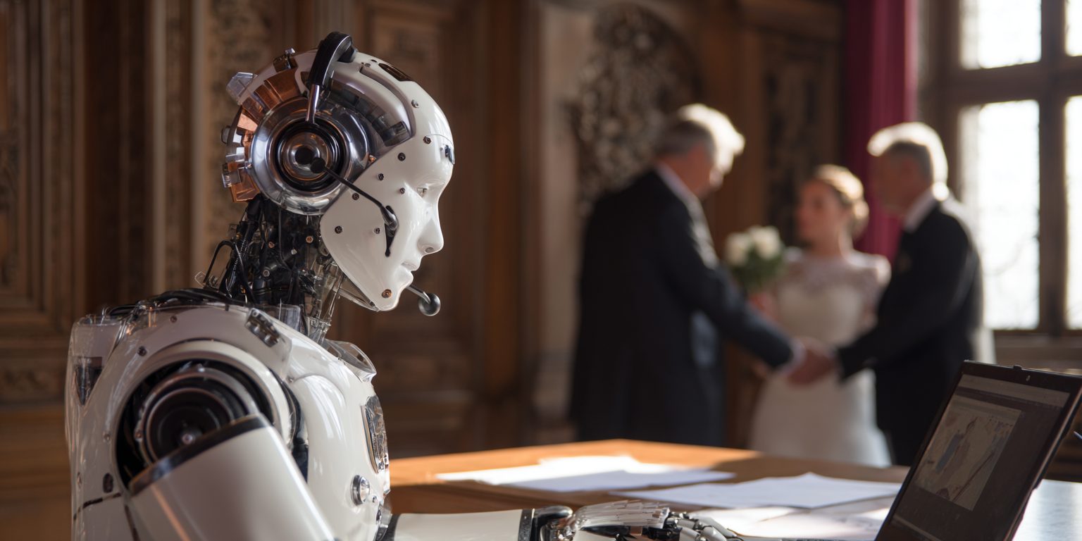 Robot met headset achter een laptop terwijl op de achtergrond een bruiloft plaatsvindt