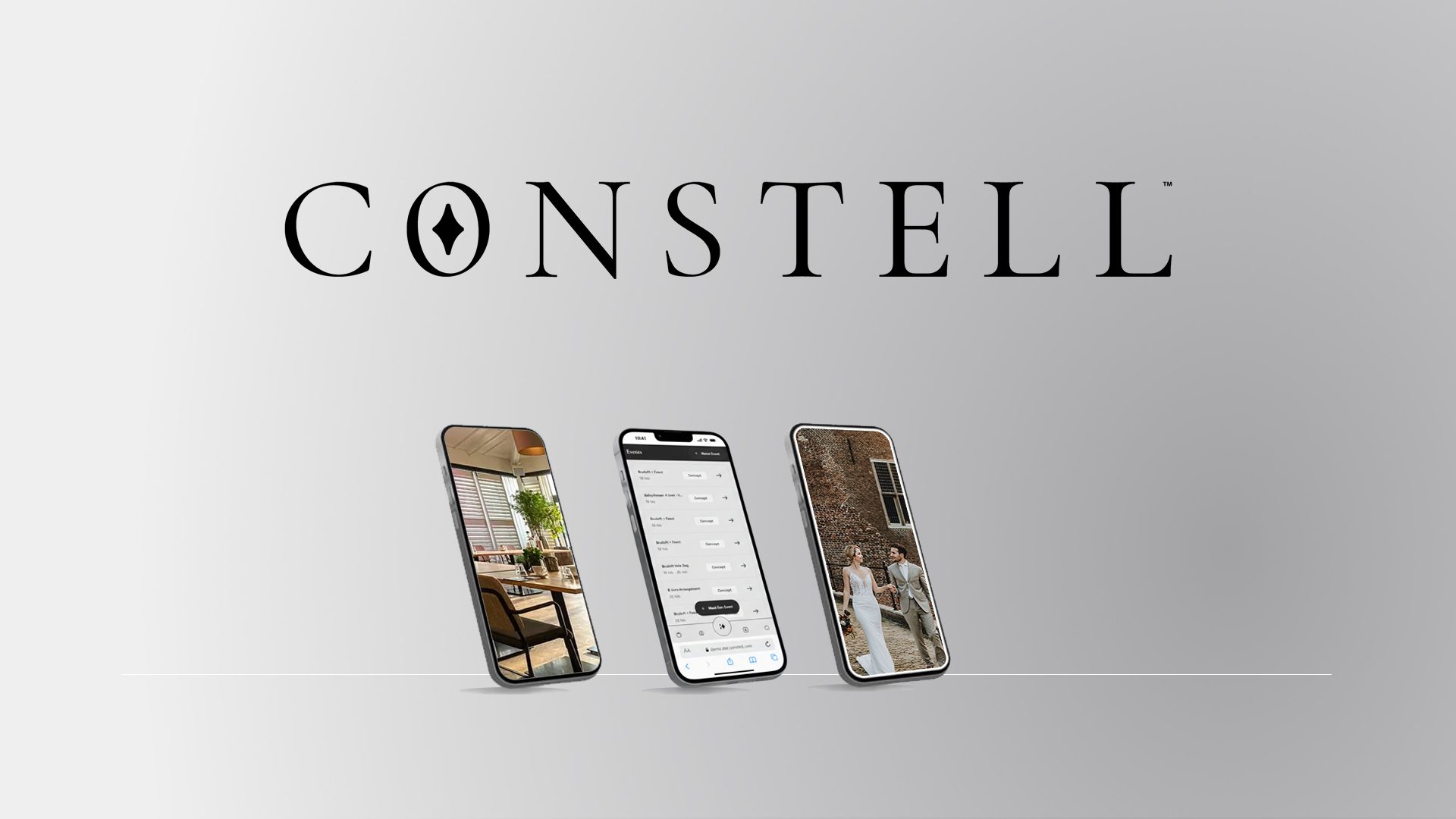 Constell-software getoond op drie smartphones met offertes en een gastportal