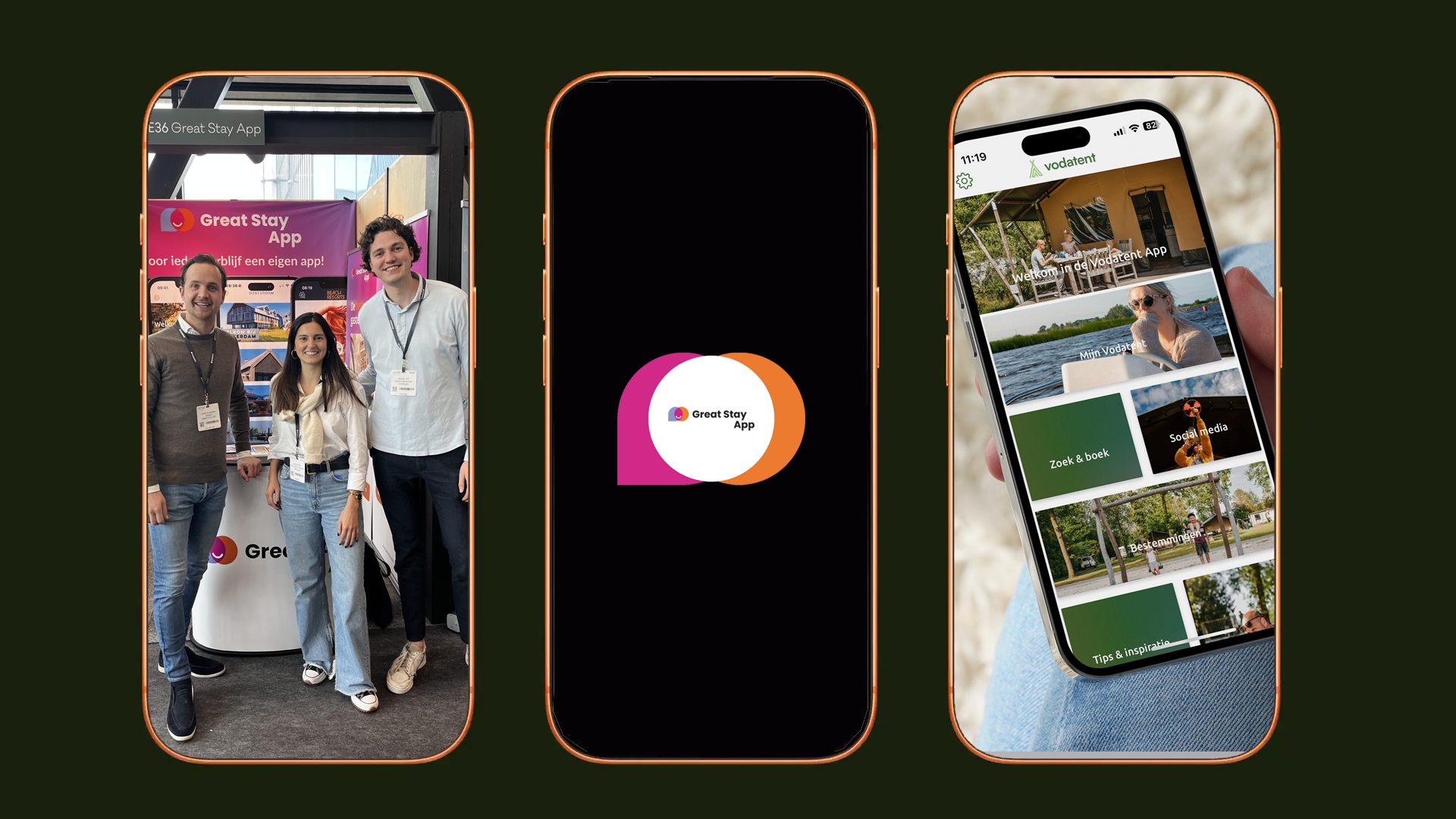 De Great Stay App getoond op meerdere smartphones met een digitale gastenmap