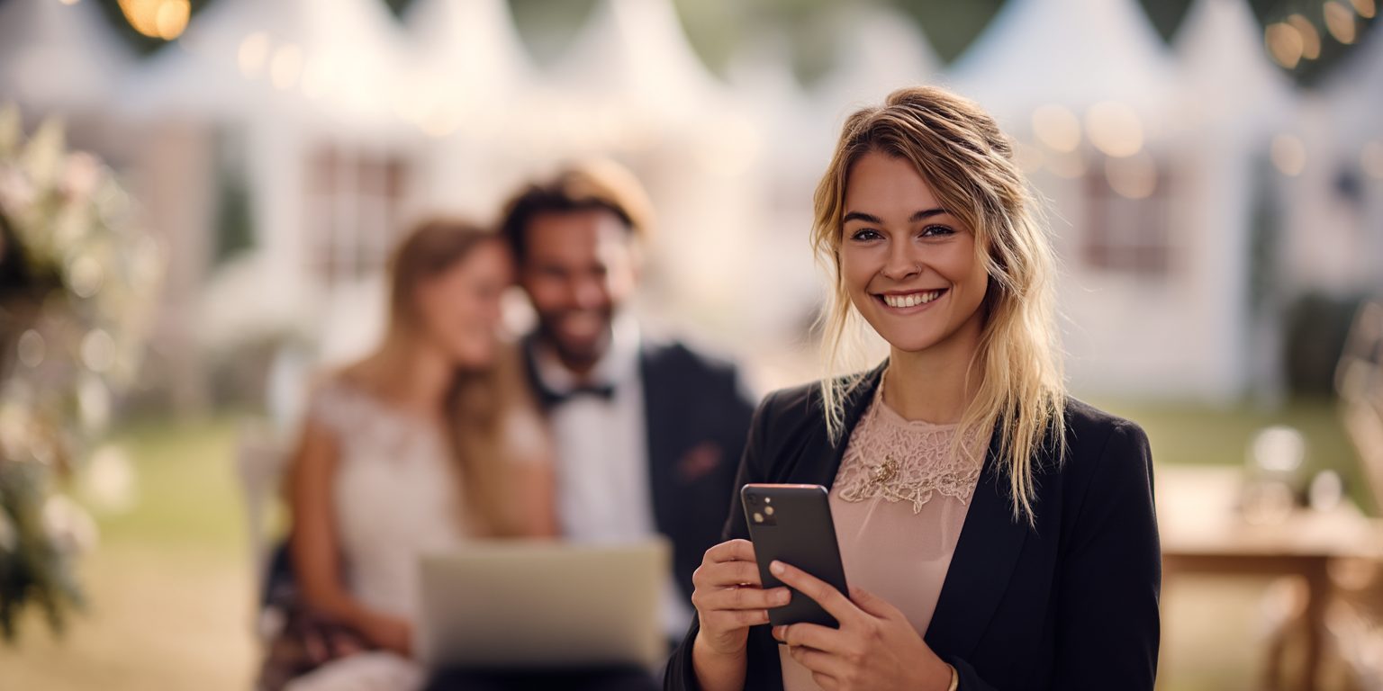 Lachende hospitality professional met telefoon op een buitenlocatie tijdens een bruiloft