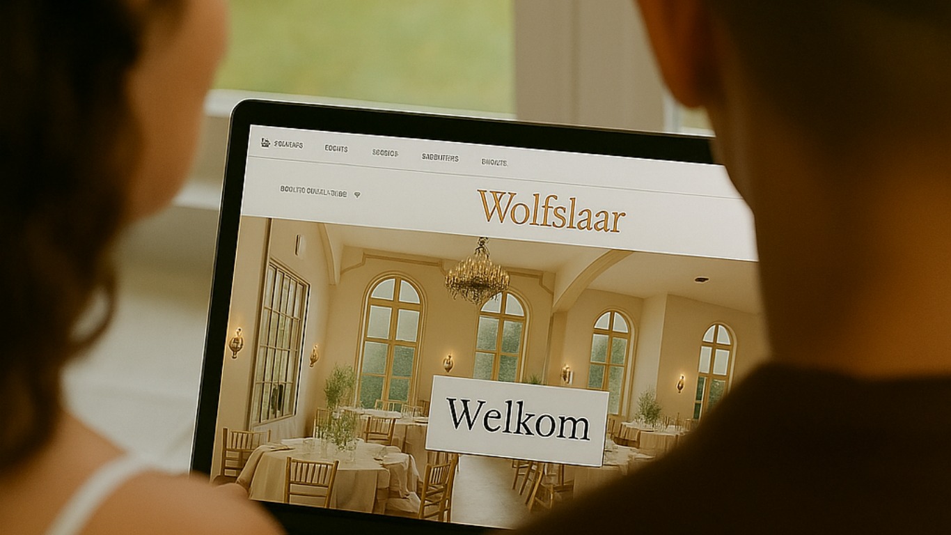 Bruidspaar bekijkt de stijlvolle website van eventlocatie Wolfslaar op een laptop
