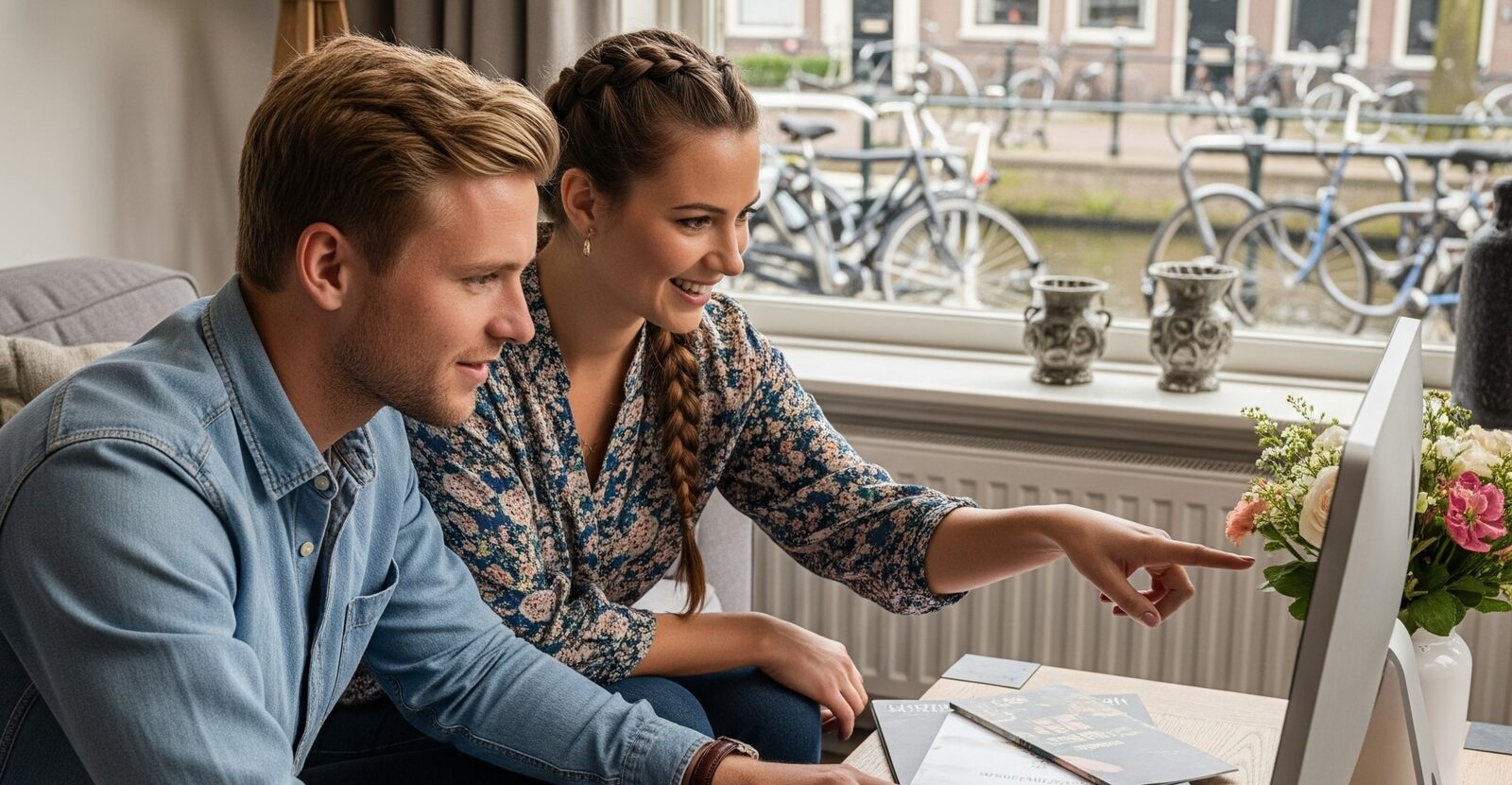 Jong bruidspaar bekijkt samen een trouwlocatie online op een computer