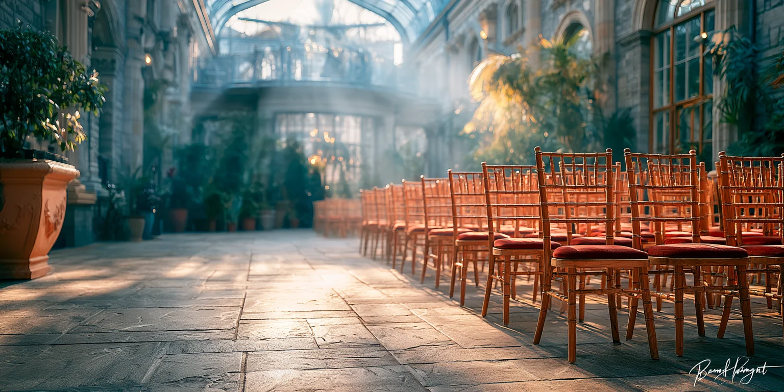 Lege stoelen klaargezet voor een ceremonie in een lichte kasteelzaal
