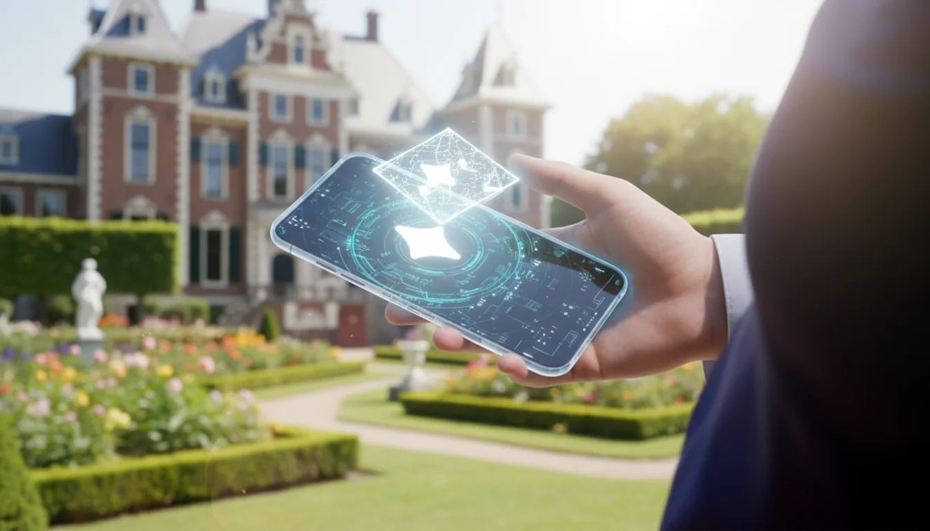 Hand houdt een smartphone met reviews vast voor een Nederlands kasteel met bloementuin