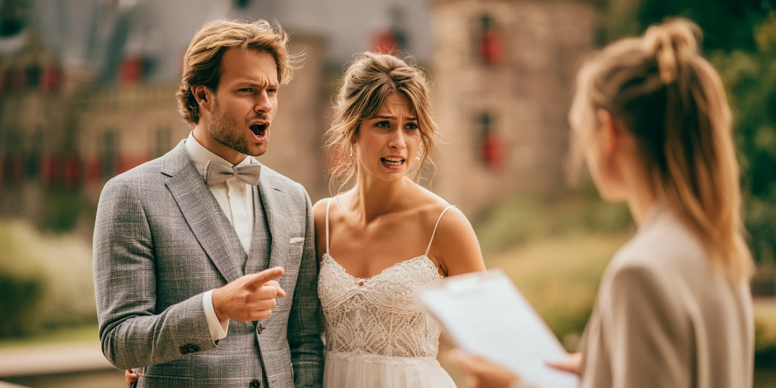 Bruidspaar bespreekt verbaasd een document met een eventmanager voor een kasteel