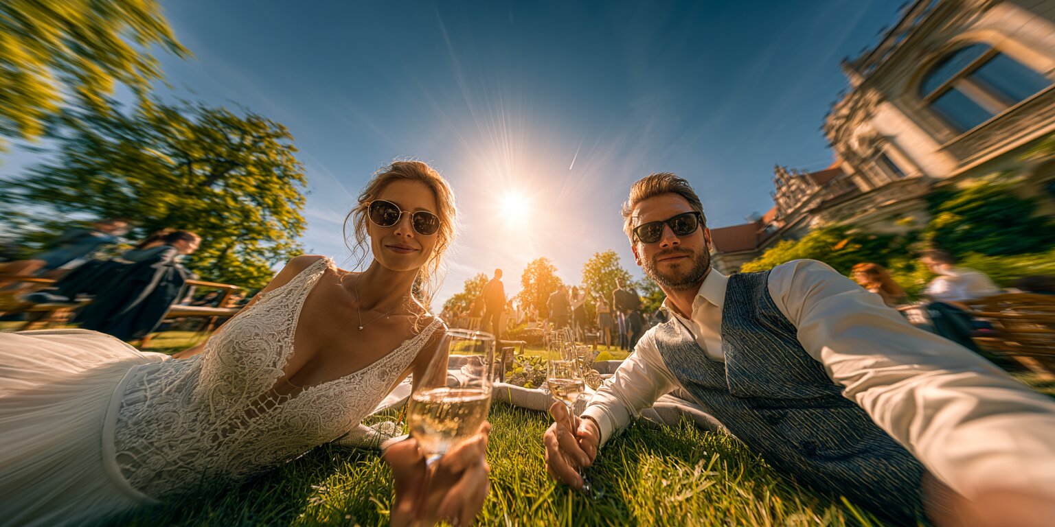 Bruidspaar proost met champagne in het gras op een zonnige, warme trouwdag bij een landgoed