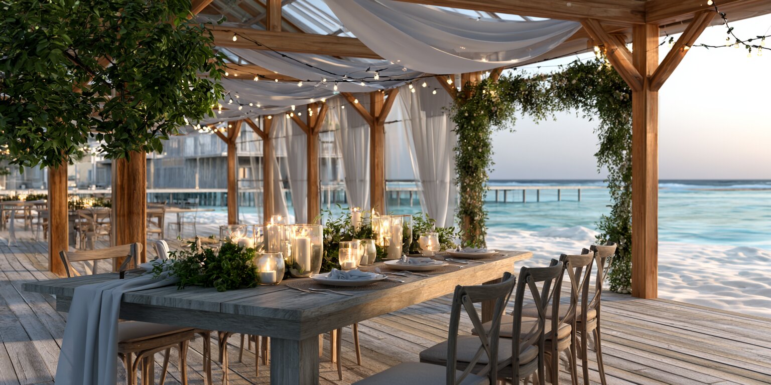 Sfeervol gedekte diningtafel voor een strandbruiloft bij zee tijdens zonsondergang