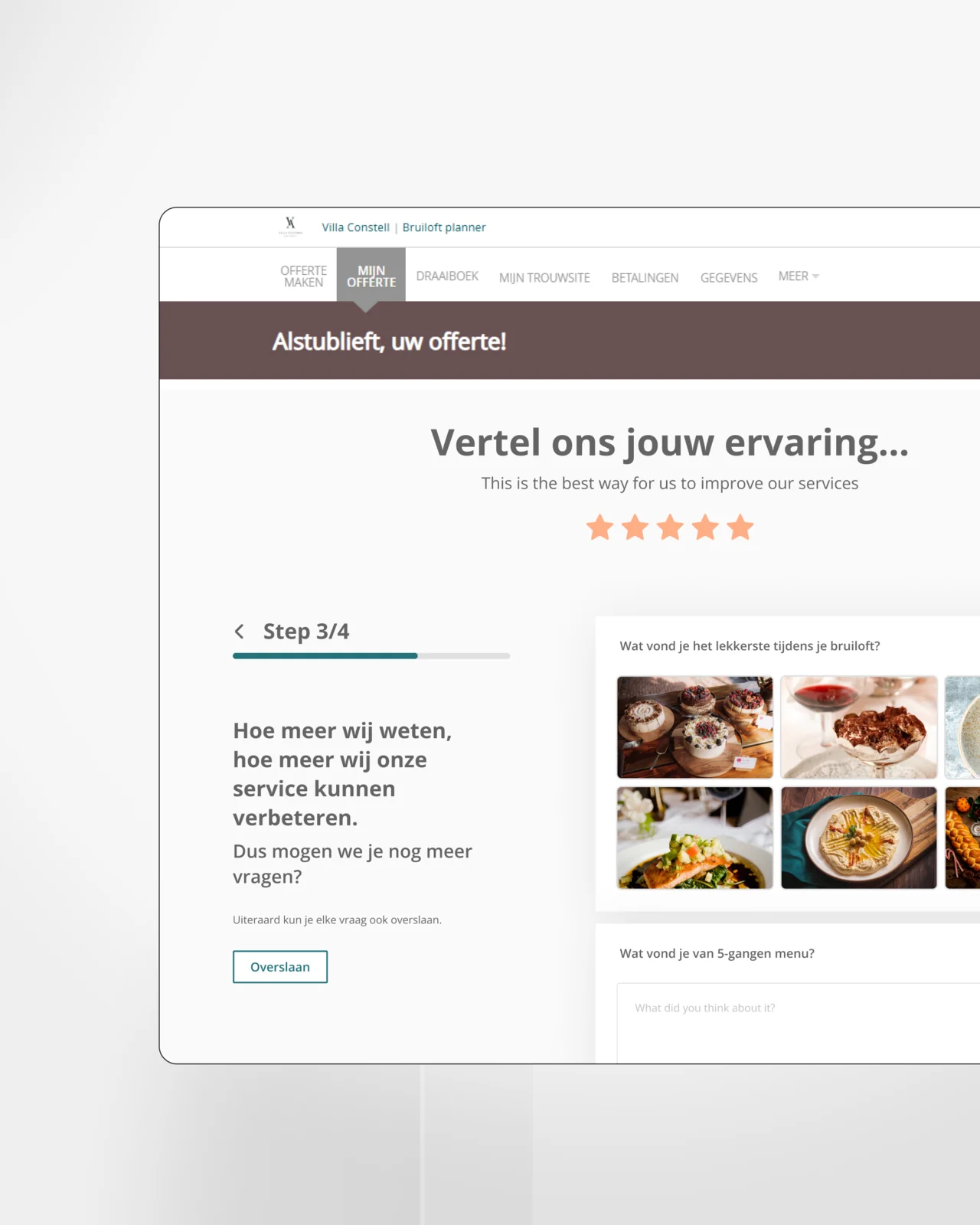 Branded offerte- en reviewflow van Constell waarin de gast naar zijn ervaring wordt gevraagd