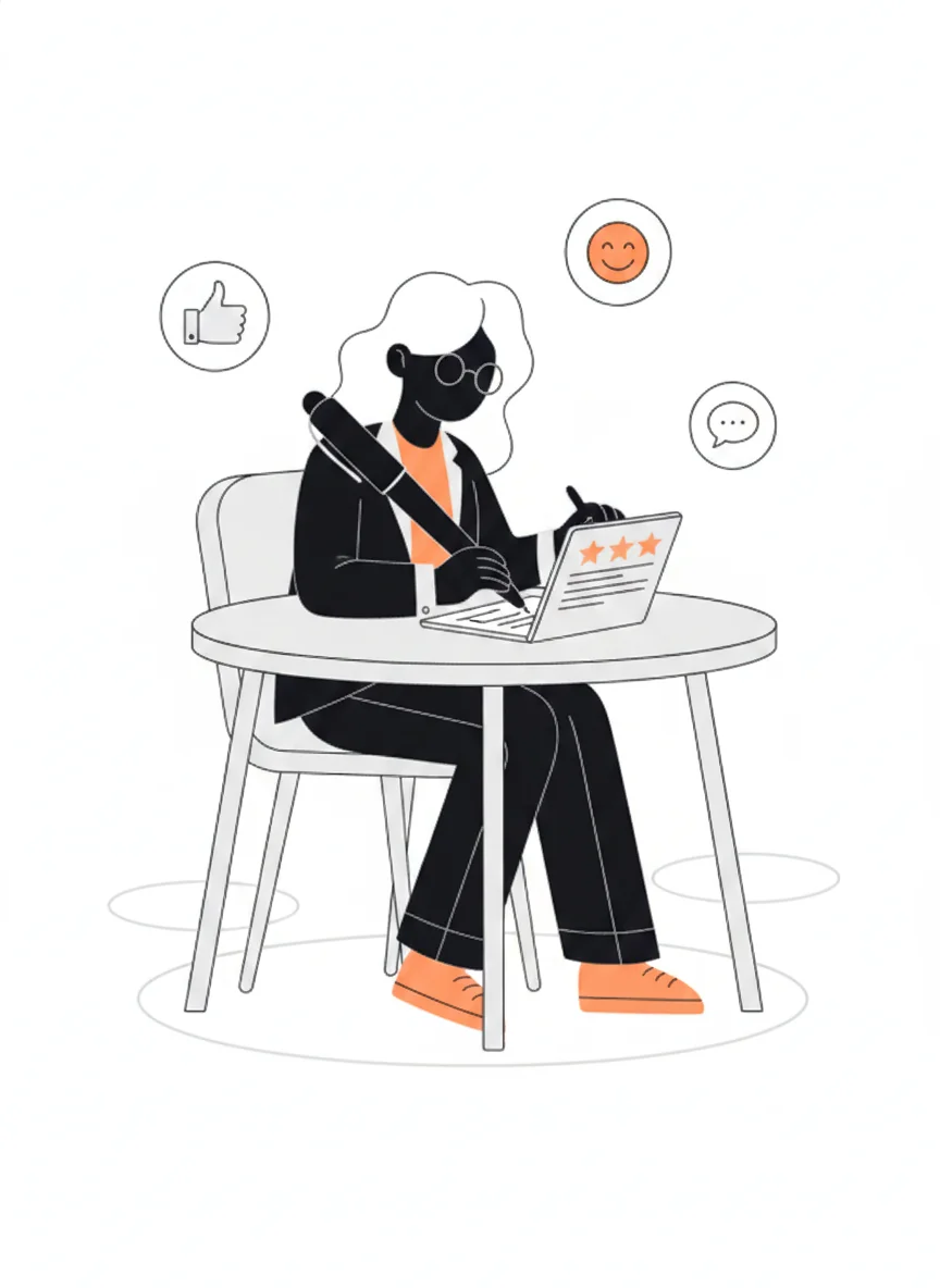 Illustratie van iemand die aan een laptop een review met sterren schrijft