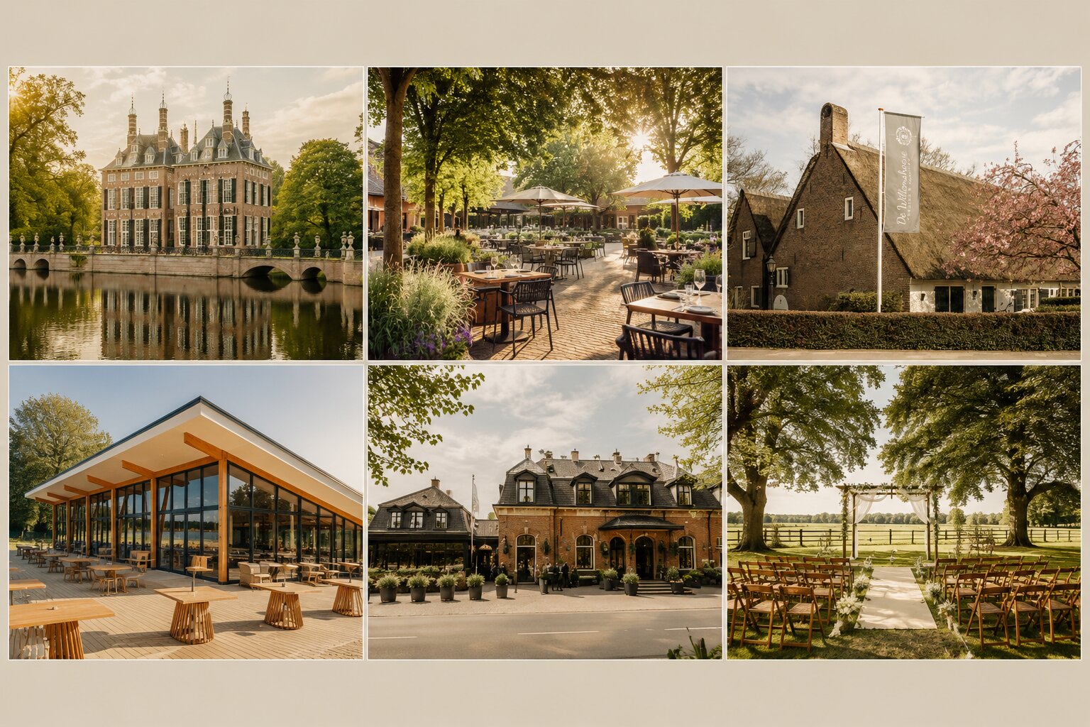 Collage van verschillende typen trouwlocaties in Nederland: landgoed, restaurantterras, boerderij, paviljoen, koetshuis en buitenceremonie
