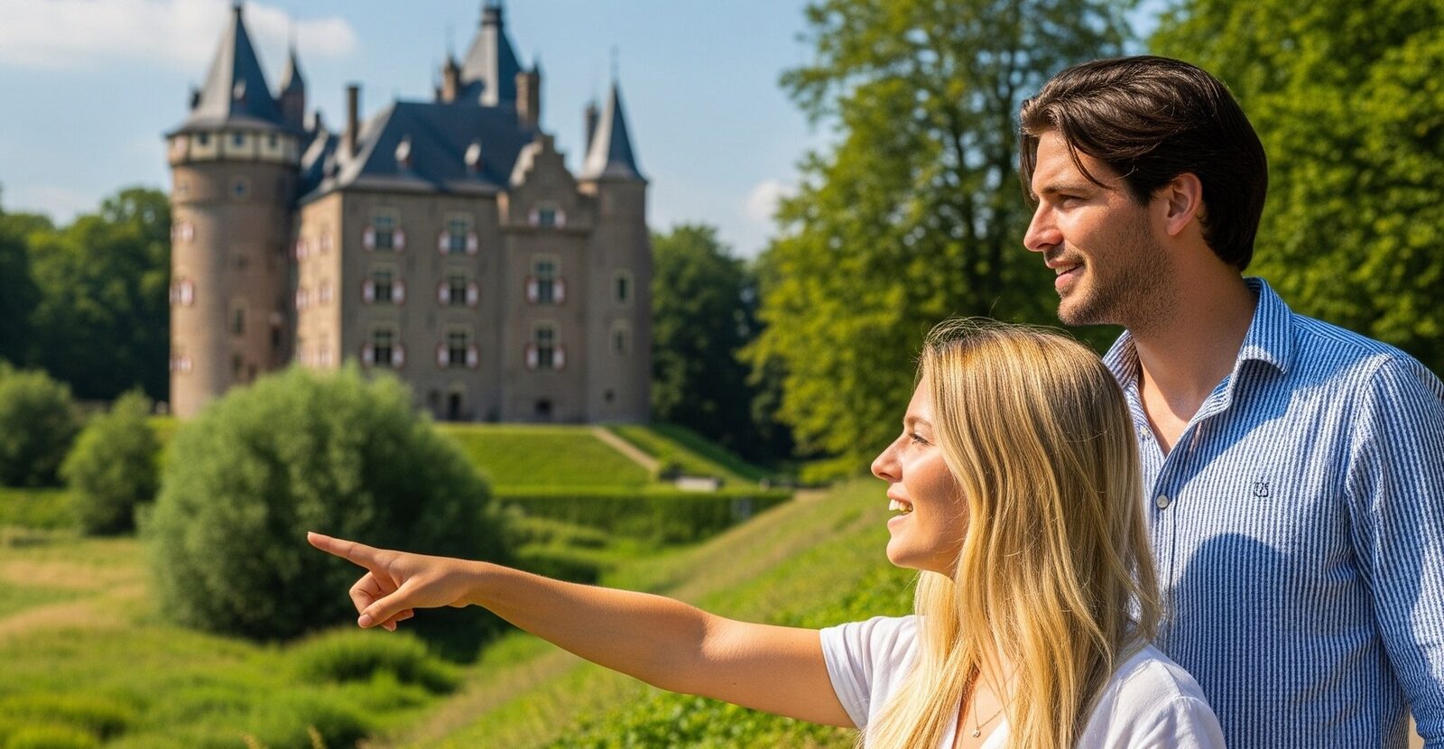 Verloofd stel kijkt uit over een landgoed met een kasteel als mogelijke trouwlocatie