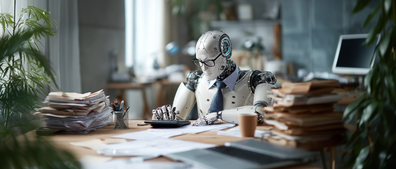 Robot aan een bureau die administratie en papierwerk verwerkt op kantoor
