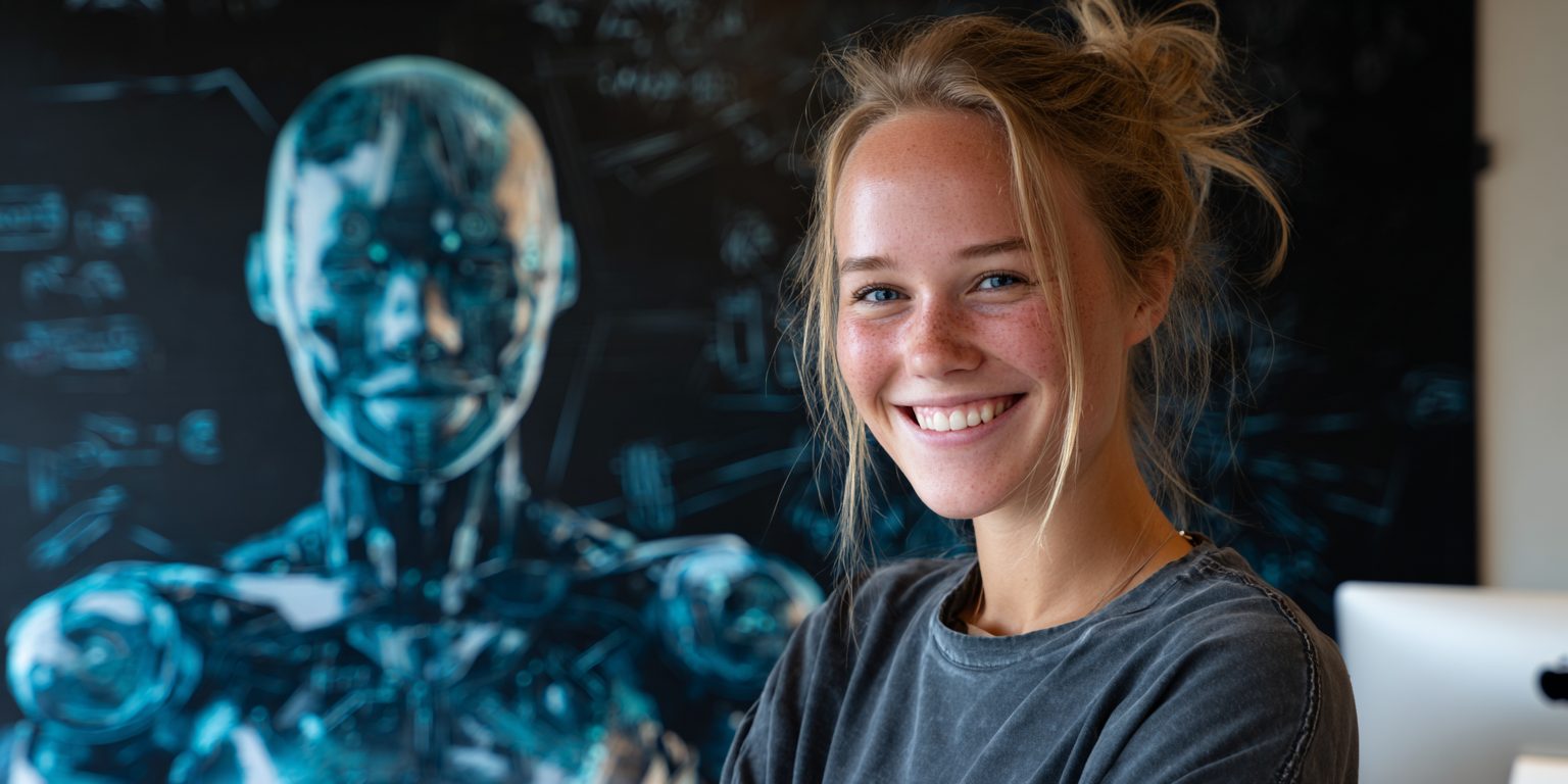 Lachende professional voor een schoolbord met een digitaal AI-figuur dat kunstmatige intelligentie verbeeldt