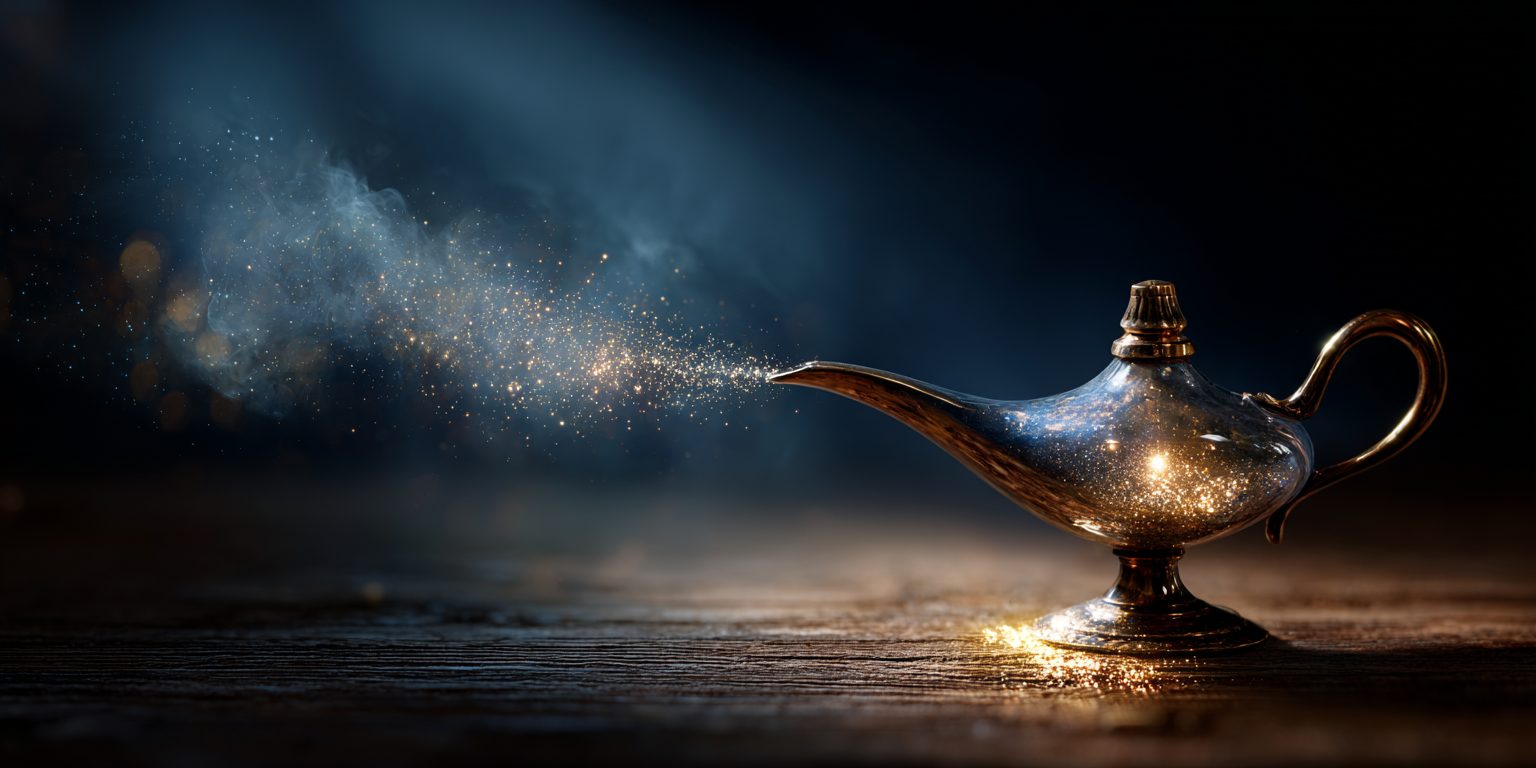 Gouden olielamp met glinsterende magische deeltjes tegen een donkere achtergrond