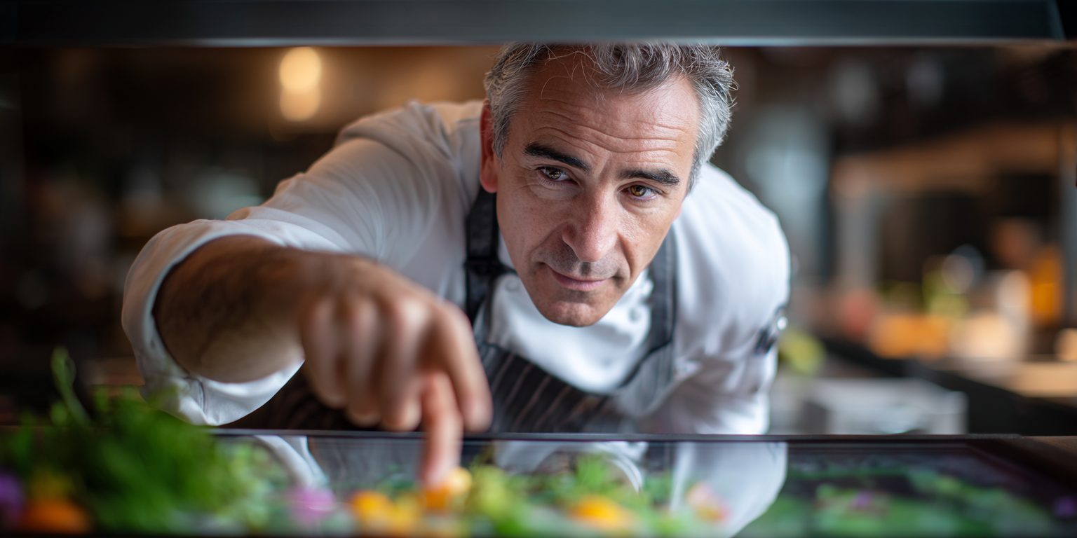 Chef-kok die geconcentreerd een gerecht opmaakt in een professionele keuken