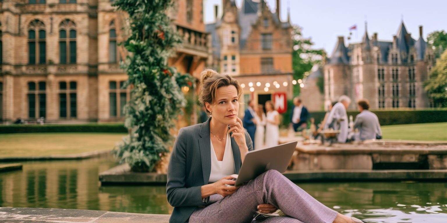 Hospitality professional met laptop op het terras van een kasteellocatie tijdens een evenement
